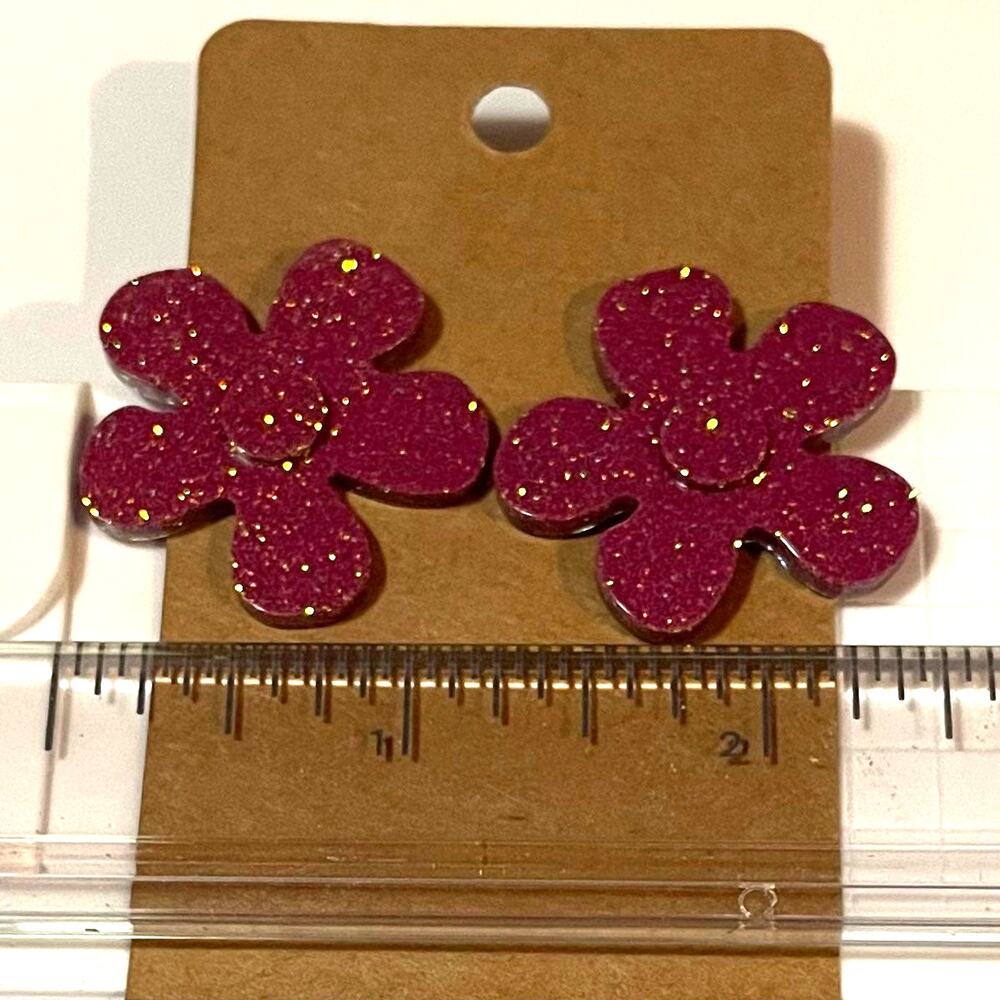 Handmade epoxy resin large flower earrings - dark mauve‎ glitter w/ gold flecks